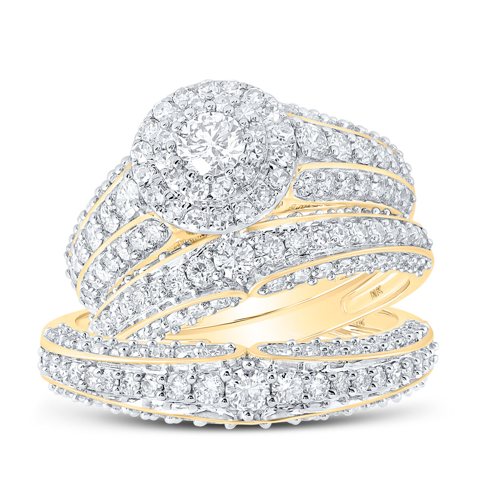 10K Yellow Gold His Hers Round Diamond Halo Matching Wedding Set 2-3/8 Cttw, Womens Size: 5-10, Mens Size: 7-13