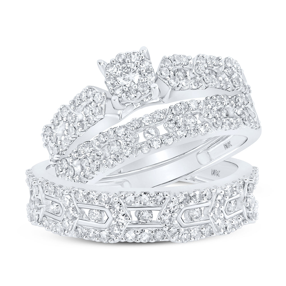 10K White Gold His Hers Round Diamond Cluster Matching Wedding Set 1-3/8 Cttw, Womens Size: 5-10, Mens Size: 7-13
