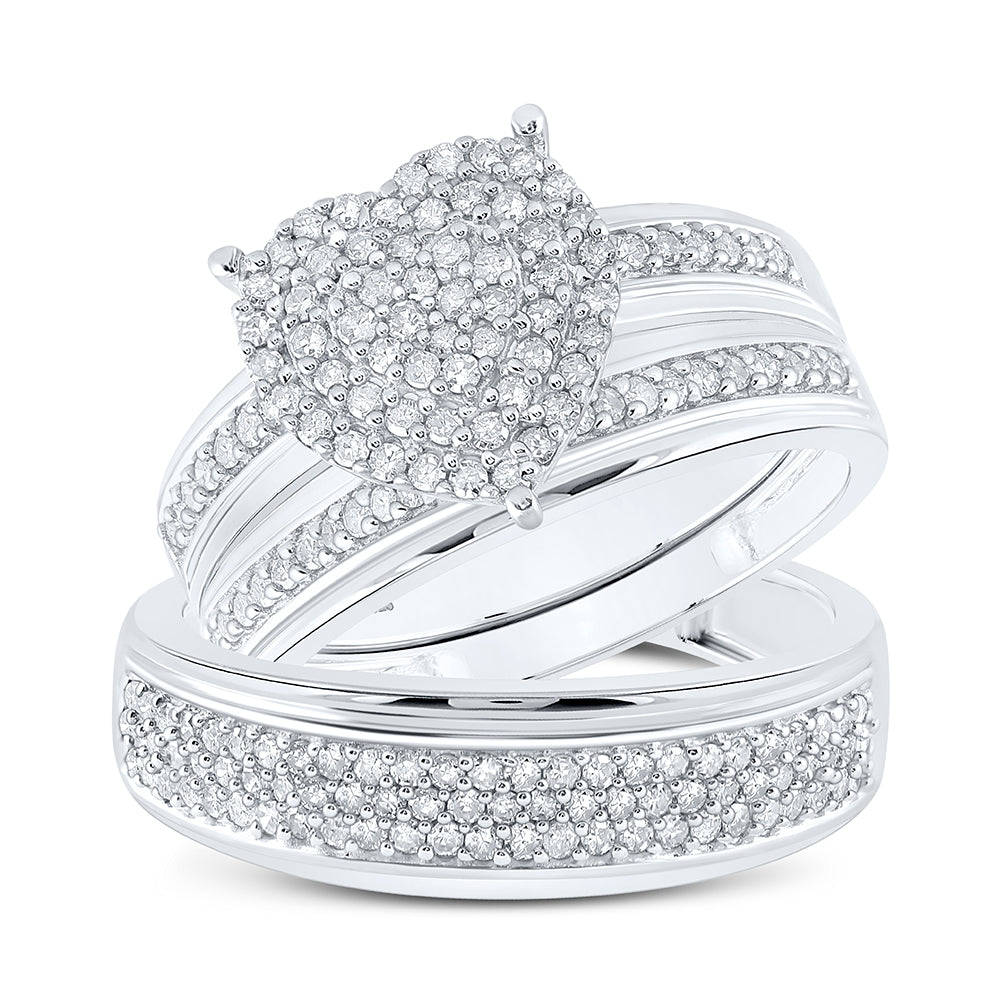 Sterling Silver His Hers Round Diamond Heart Matching Wedding Set 7/8ctw, Womens Size: 5-10, Mens Size: 7-13