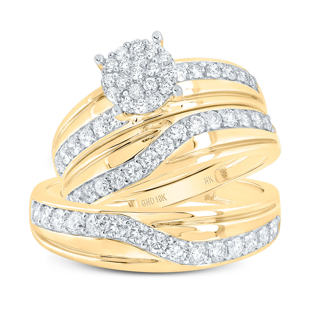 10K Yellow Gold His Hers Round Diamond Cluster Matching Wedding Set 1-1/4ctw, Womens Size: 5-10, Mens Size: 7-13