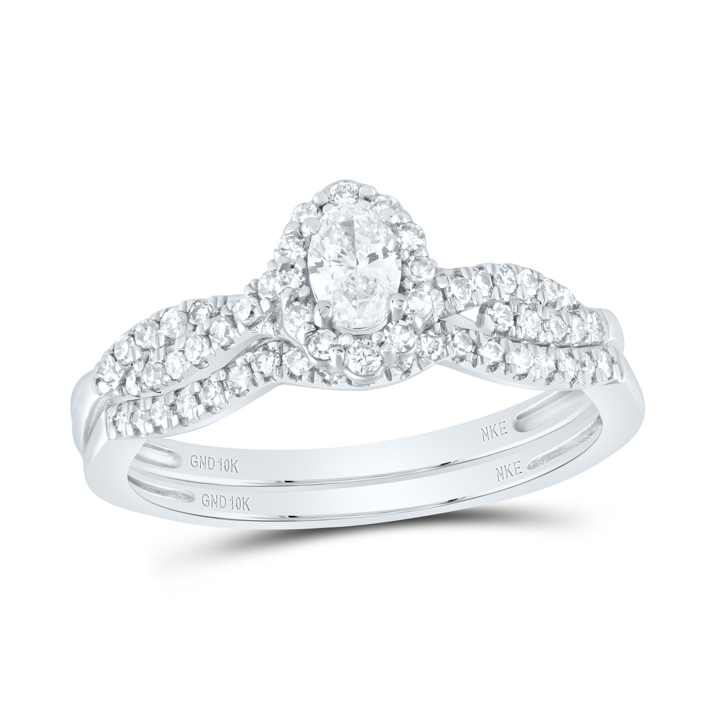 10kt White Gold 1/2 Cttw Diamond and 1/5ct-coval Wedding Engagement Anniversary Bridal Set Single Halo, Women Size: 5-9