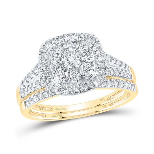 10kt Yellow Gold 1 Cttw Natural Diamond and 1/5 Cttw Round Duoble Halo Wedding Engagement Anniversary Bridal Set, Women Size: 5-9