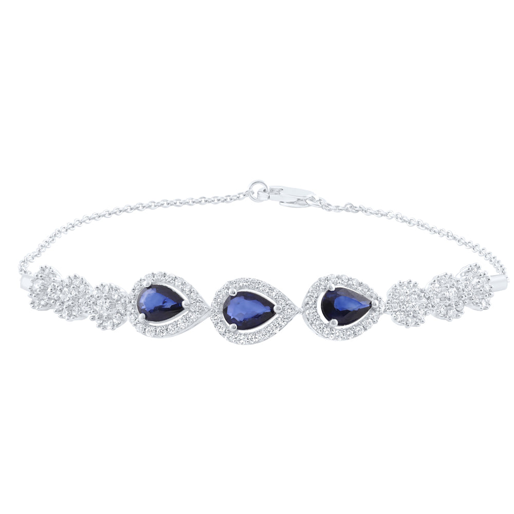 14K White Gold 1Ctw Natural Diamond Ana M 1 1/3Ct Pear Blue Sapphire Natural Gem Bracelet