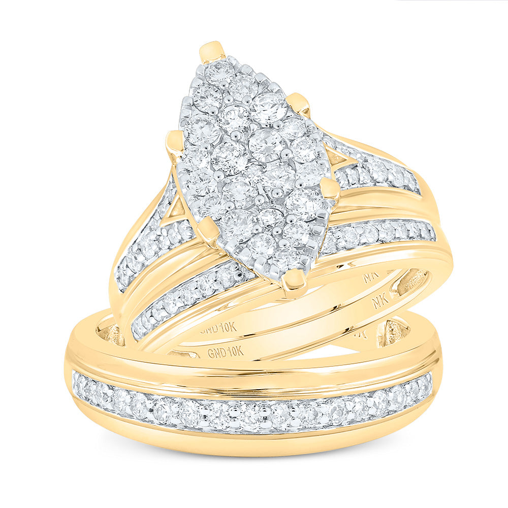 10kt Yellow Gold His & Hers 1 Cttw Diamond Marquise Shape Bridal Wedding Ring Band Set, Women Size: 5-9, Men Size: 8-12