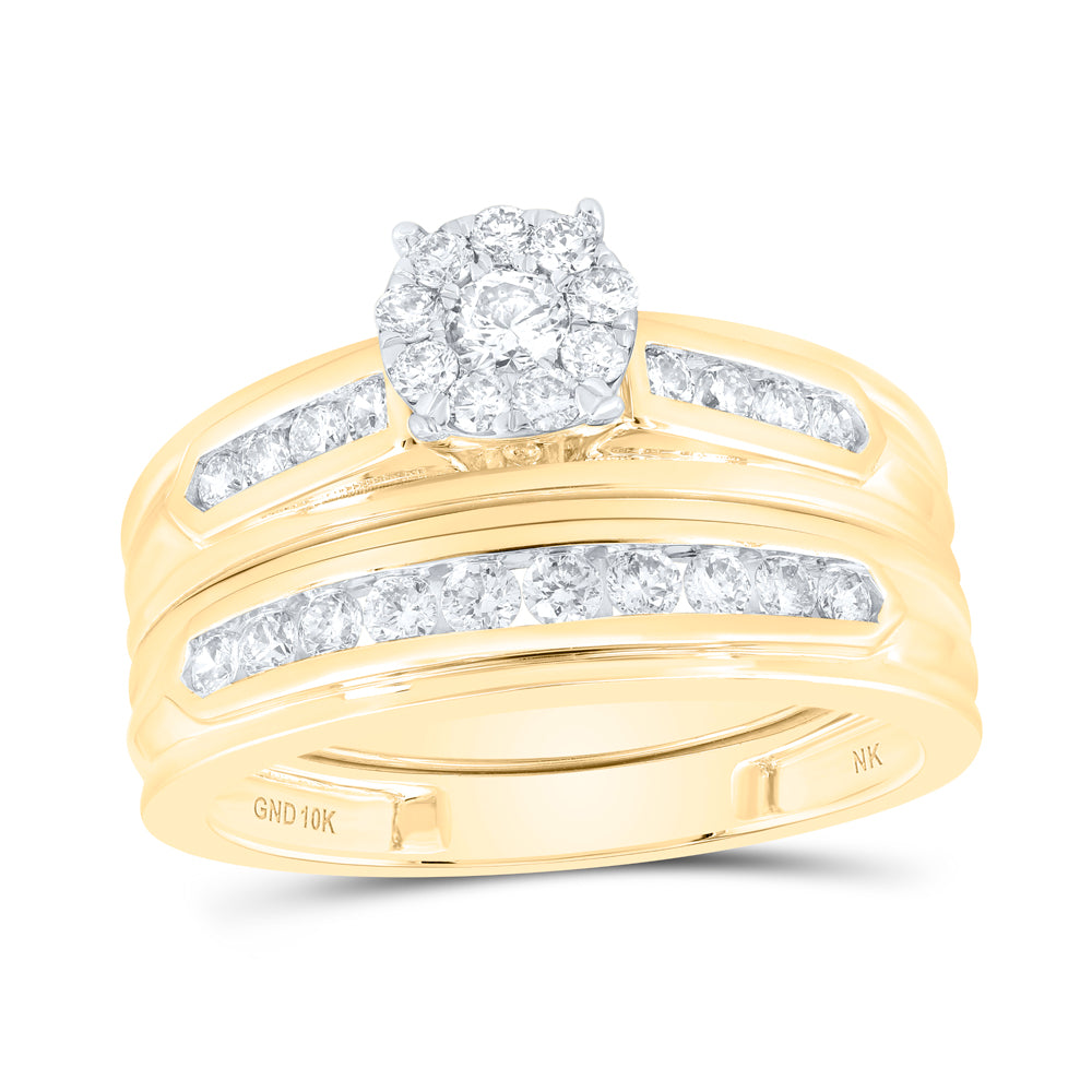 10K Yellow Gold 1 Ctw Natural Diamond Round Shape Trio Set, Womens Size: 5-9, Mens Size: 8-12