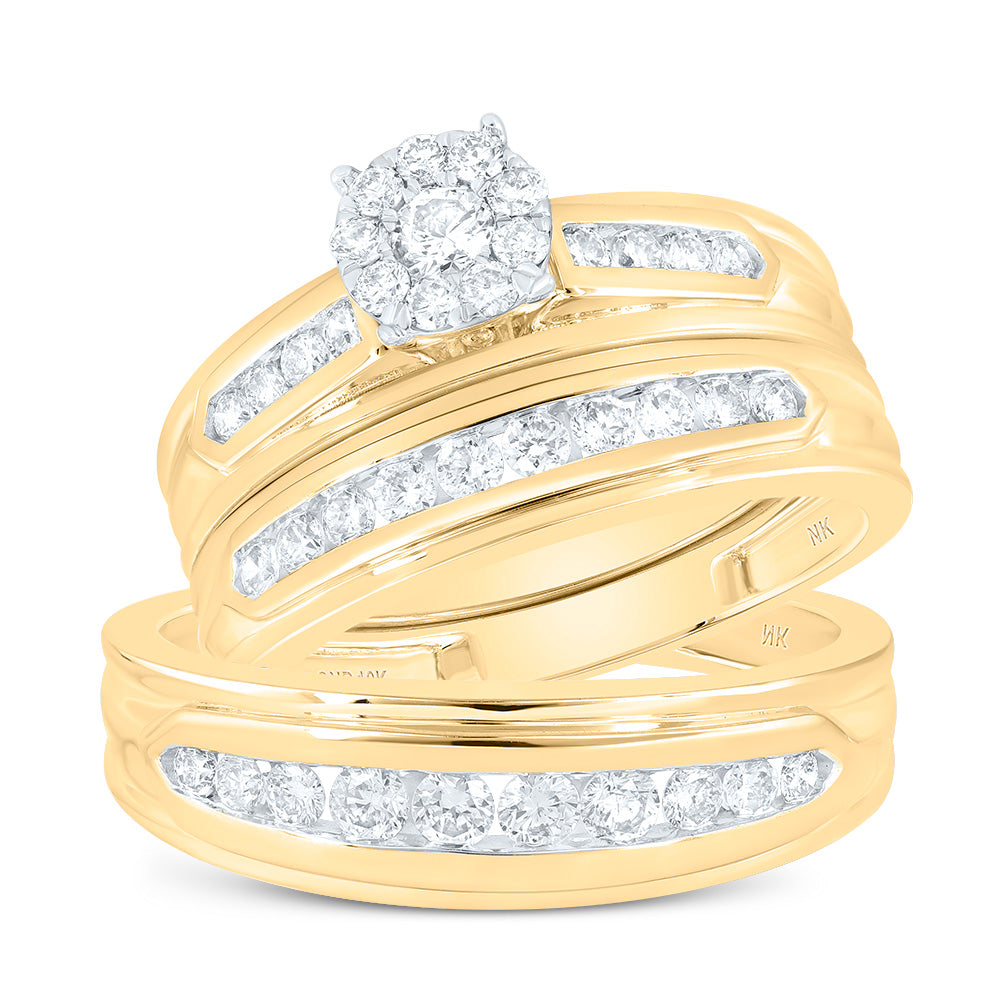 10K Yellow Gold 1 Ctw Natural Diamond Round Shape Trio Set, Womens Size: 5-9, Mens Size: 8-12