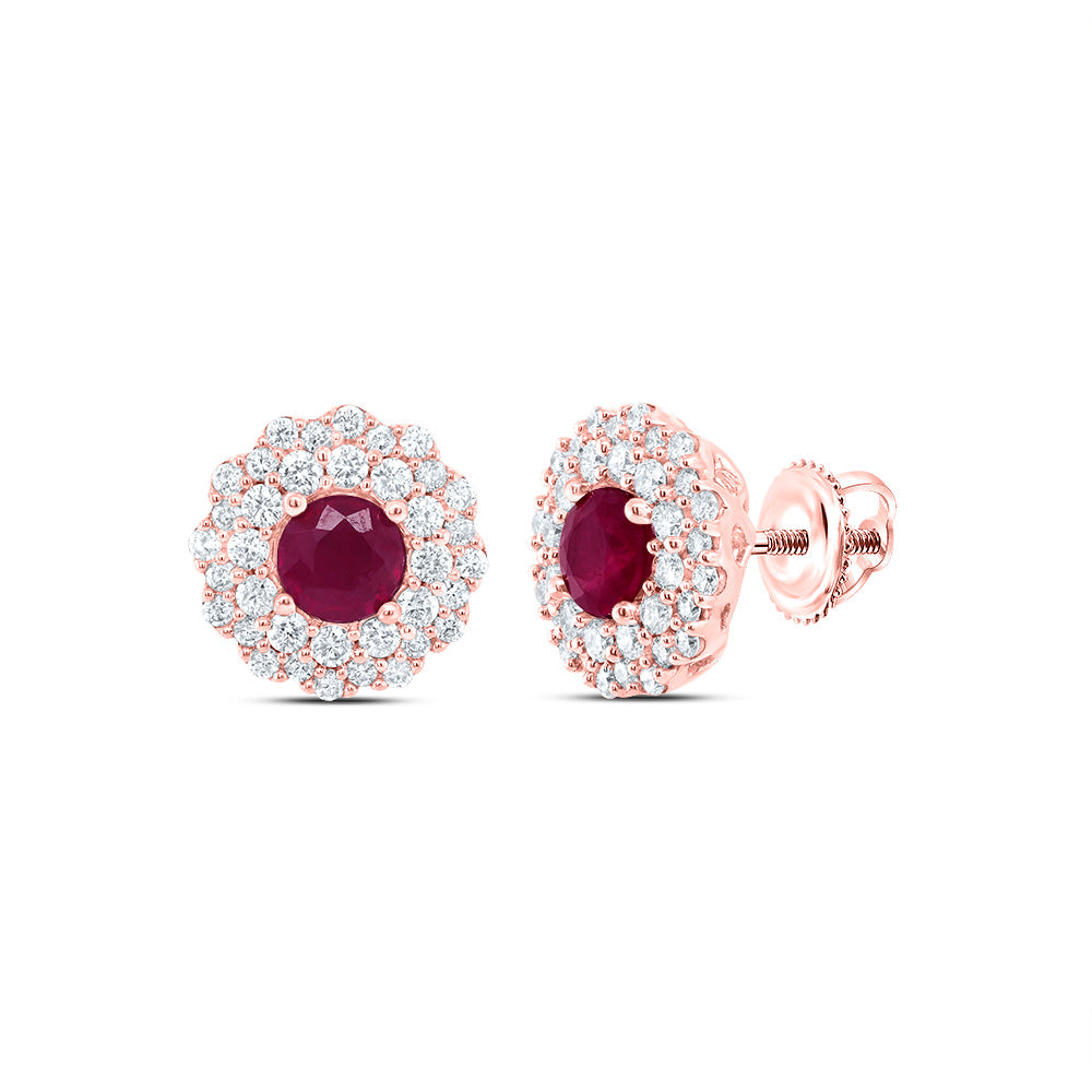 14K Rose Gold 1/2Ctw Natural Diamond Ana M 4.00Mm Rd-Ruby Nat Gem Round Earring