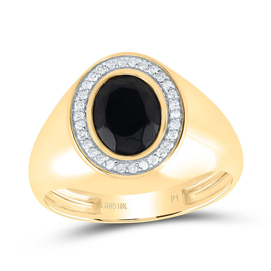 10kt Yellow Gold 1/6 Cttw Diamond -9x7 Mm-oval Onyx Black Mens Ring, Men Size: 8-12