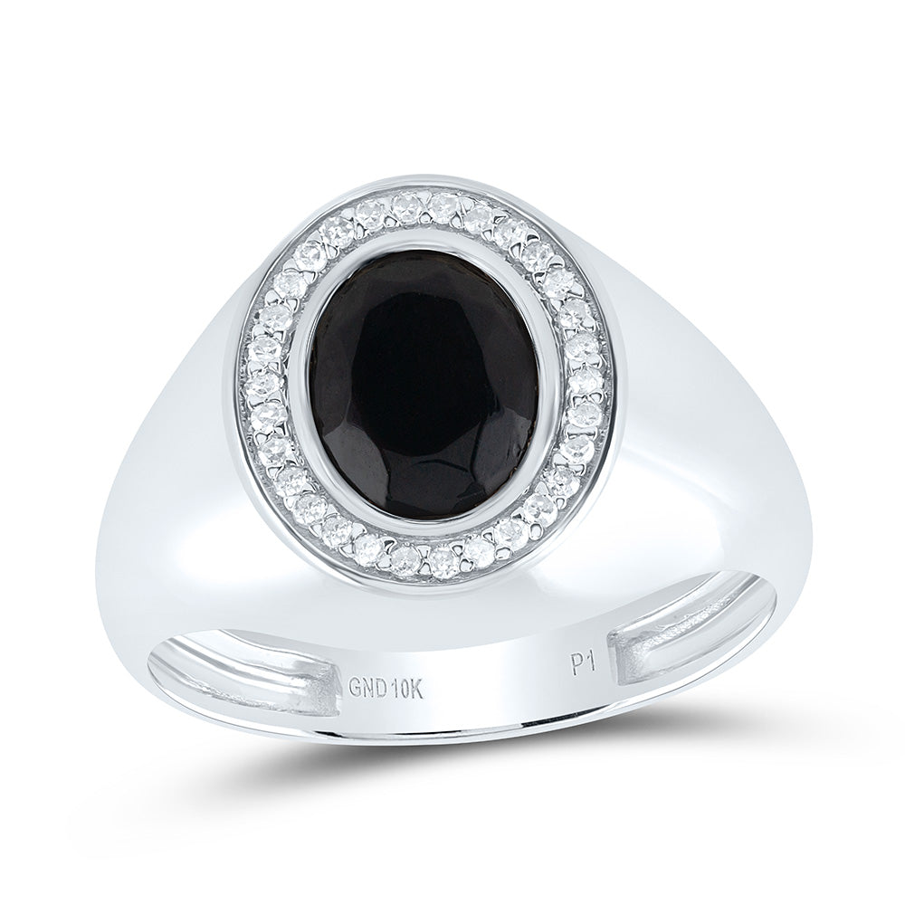 10kt White Gold 1/6 Cttw Diamond -9x7 Mm- Oval Onyx Black Mens Ring, Men Size: 8-12