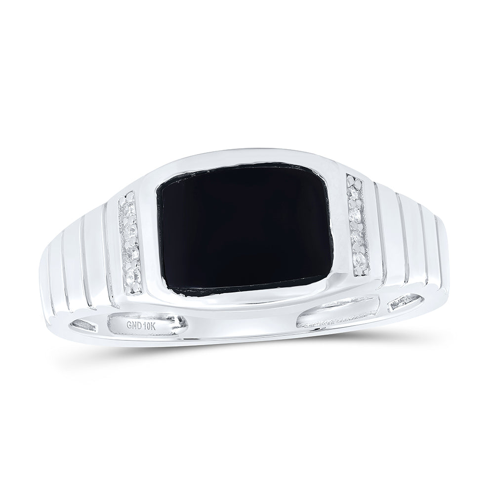 10kt White Gold 1/20 Cttw Diamond -9x7 Mm-rectangle Onyx Black Mens Ring, Men Size: 8-12