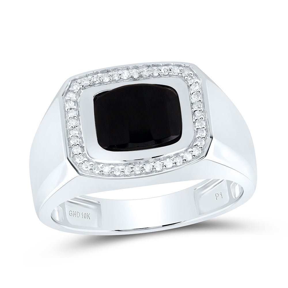 10K White Gold 1/6 Ctw Diamond 9X7 MM-Onyx Black Mens Ring, Mens Size: 8-12
