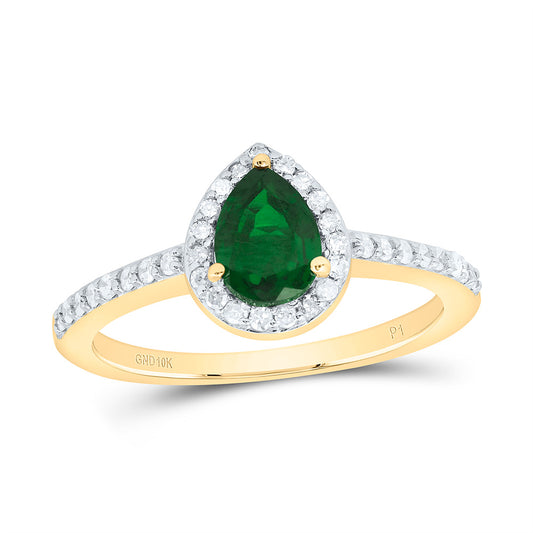 10kt Yellow Gold 1/4 Cttw Diamond 7 X 5 Mm Pear Emerald Synthetic Wedding Engagement Anniversary Ring, Women Size: 5-9