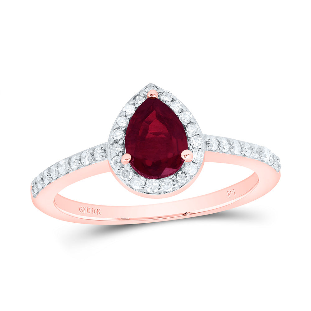 10kt Rose Gold 1/4 Cttw Diamond 7 X 5 Mm-pear Ruby Synthetic Wedding Engagement Anniversary Ring, Women Size: 5-9