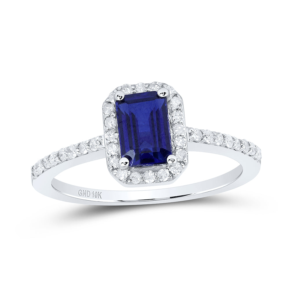 10kt White Gold 1/4 Cttw Diamond 6.70 X 4.50 Mm-em Blue Sapphire Synthetic Wedding Engagement Anniversary Ring, Women Size: 5-9