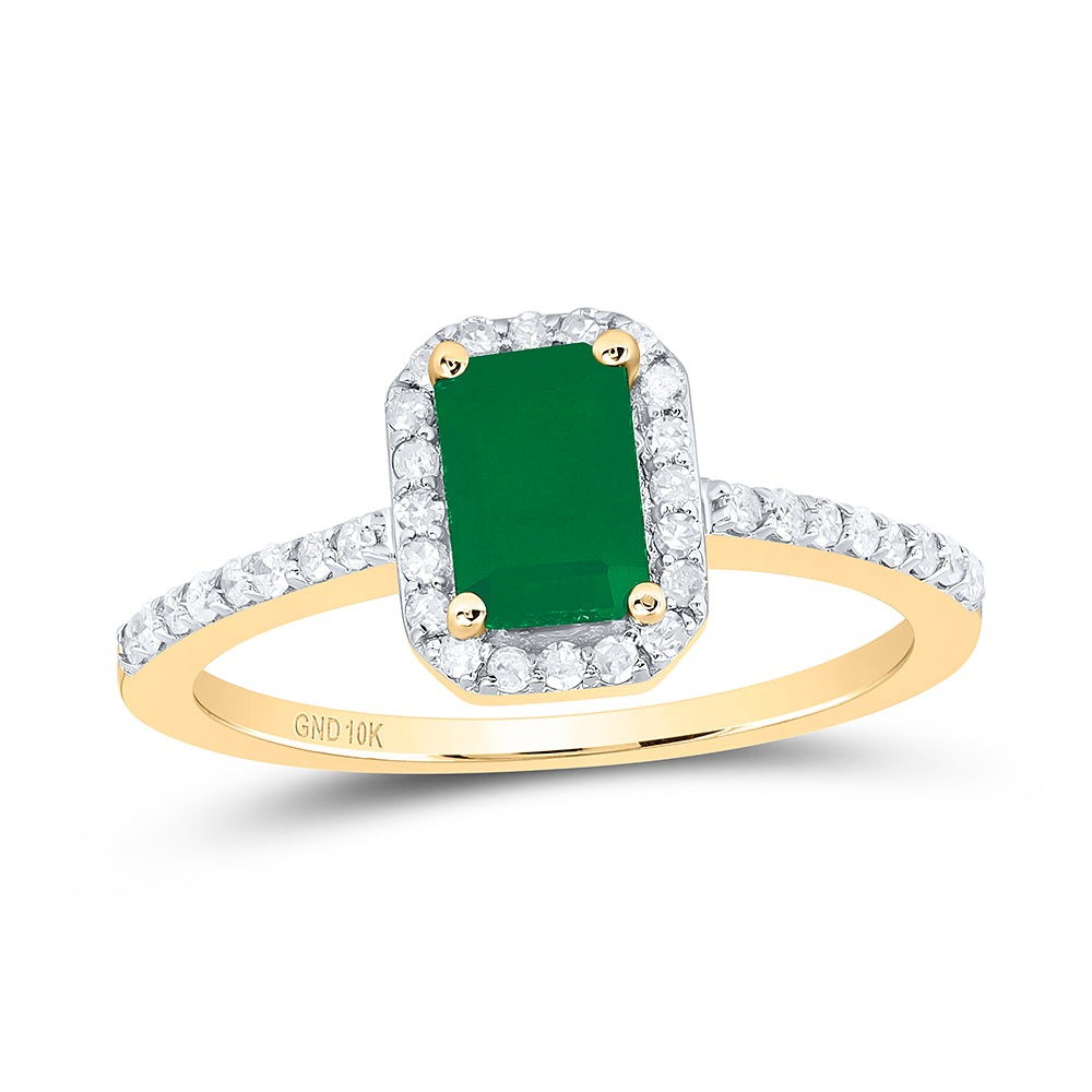 10kt Yellow Gold 1/4 Cttw Diamond 6.70 X 4.50 Mm Emerald Shape Emerald Synthetic Wedding Engagement Anniversary Ring, Women Size: 5-9
