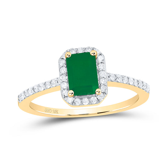 10kt Yellow Gold 1/4 Cttw Diamond 6.70 X 4.50 Mm Emerald Shape Emerald Synthetic Wedding Engagement Anniversary Ring, Women Size: 5-9
