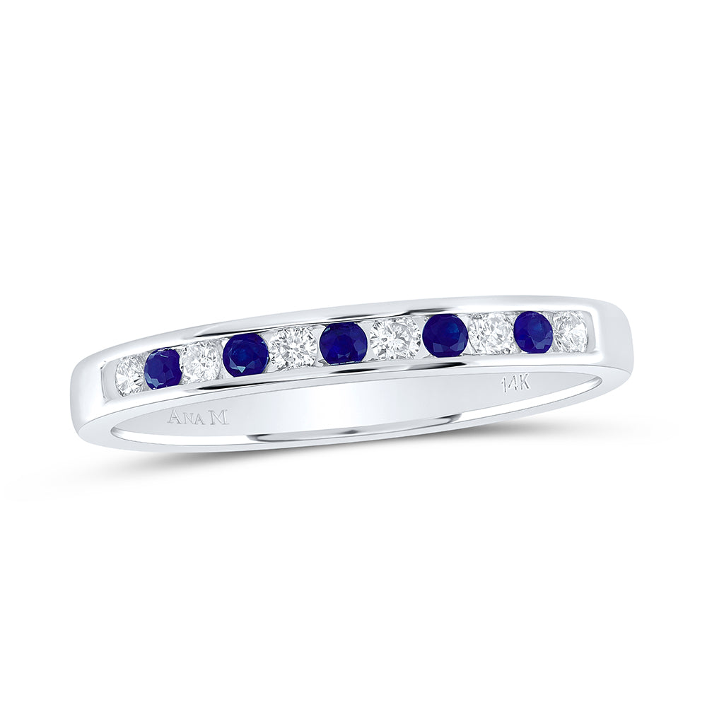 14kt White Gold 1/8 Cttw Diamond Ana M and 1/8 Cttw Round Blue Sapphire Natural Wedding Engagement Gem Band, Women Size: 5-9
