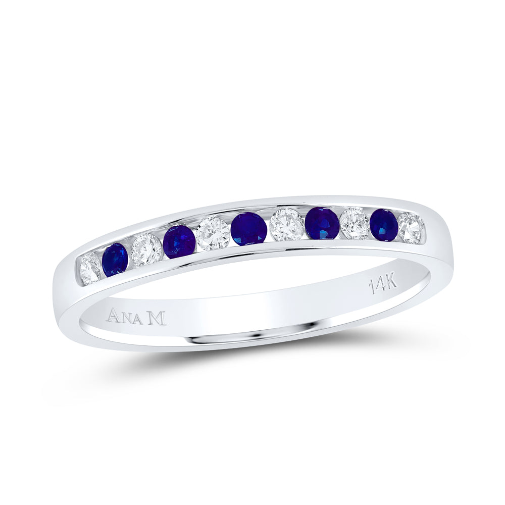 14kt White Gold 1/8 Cttw Diamond Ana M and 1/8 Cttw Round Blue Sapphire Natural Wedding Engagement Gem Band, Women Size: 5-9