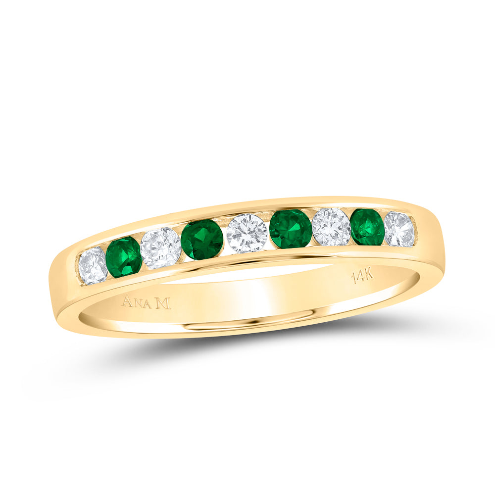 14kt Yellow Gold 1/5 Cttw Diamond Ana M and 1/3 Cttw Round Emerald Natural Wedding Engagement Gem Band, Women Size: 5-9