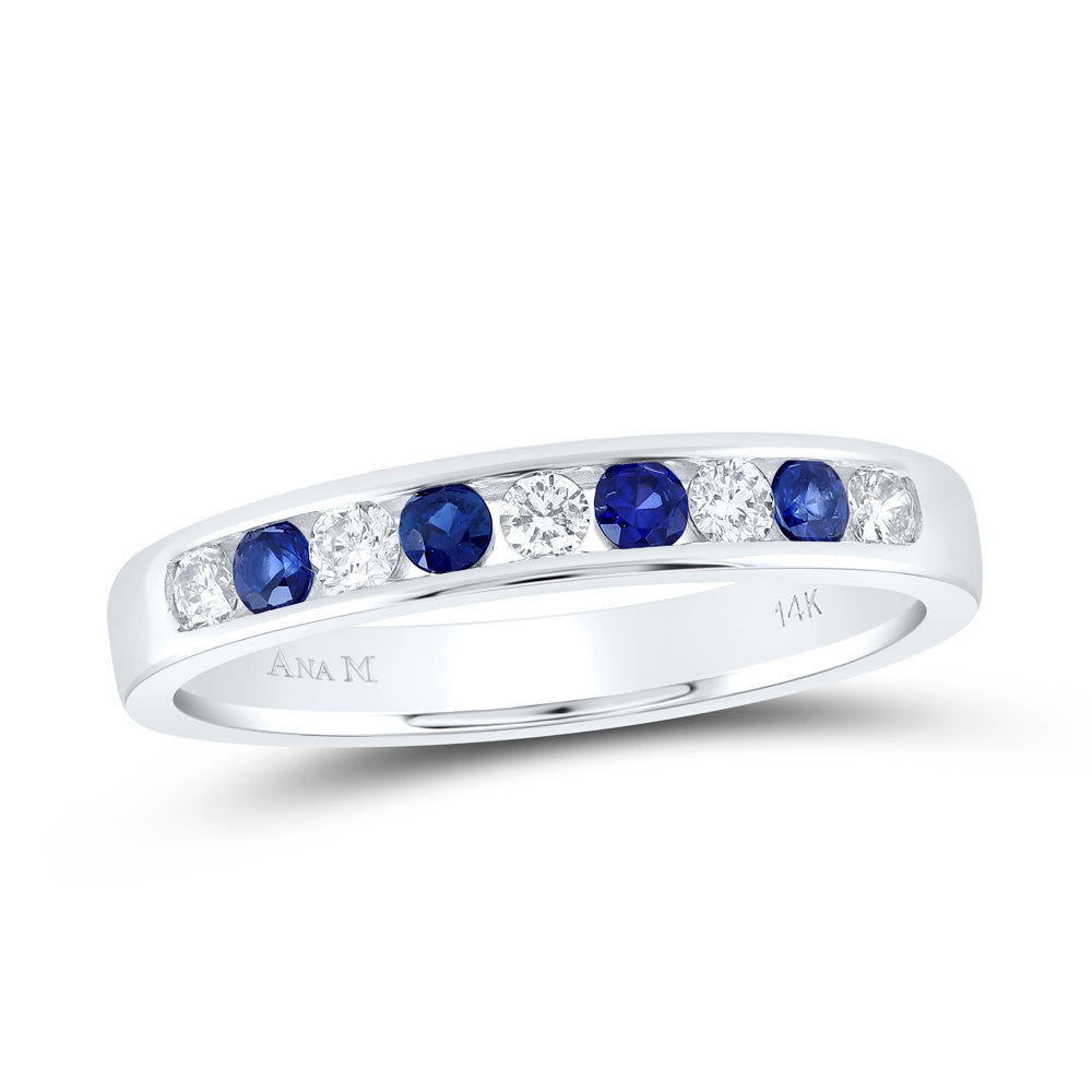 14kt White Gold 1/5 Cttw Diamond Ana M and 1/5 Cttw Round Blue Sapphire Natural Wedding Engagement Gem Band, Women Size: 5-9