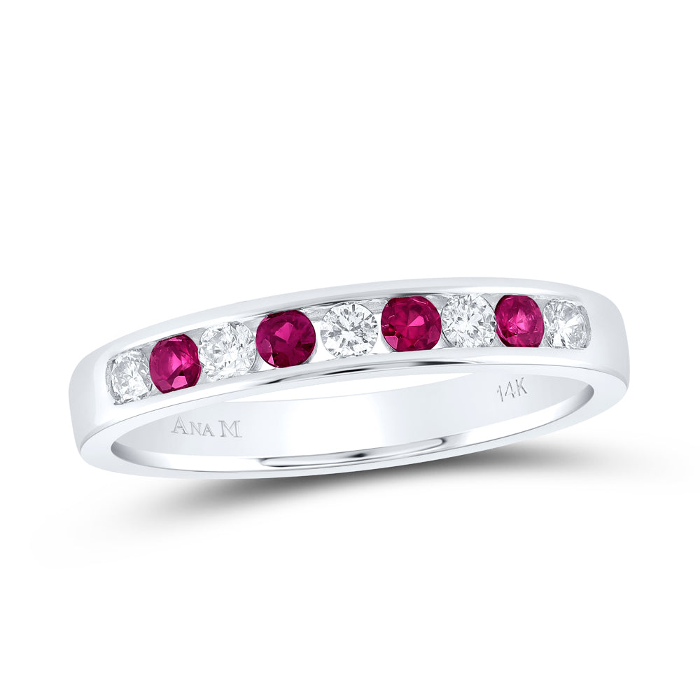 14kt White Gold 1/5 Cttw Diamond Ana M and 1/3 Cttw Round Ruby Natural Wedding Engagement Gem Band, Women Size: 5-9