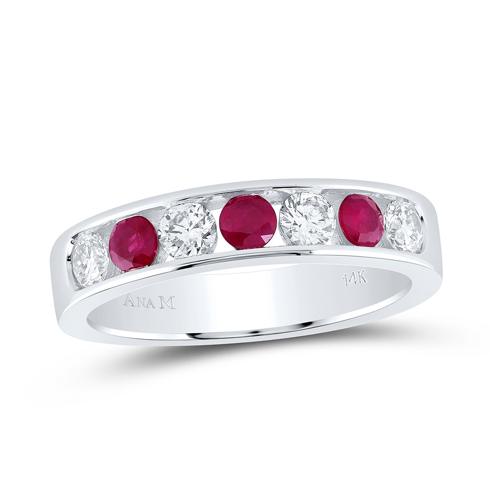 14kt White Gold 1/2 Cttw Diamond Ana M and 1/2 Cttw Round Ruby Natural Wedding Engagement Gem Band, Women Size: 5-9
