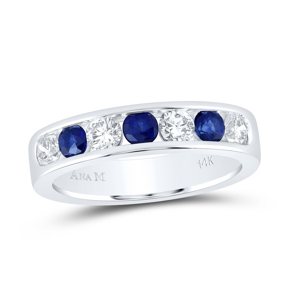 14kt White Gold 5/8 Cttw Diamond Ana M and 1/2 Cttw Round Blue Sapphire Natural Wedding Engagement Gem Band, Women Size: 5-9