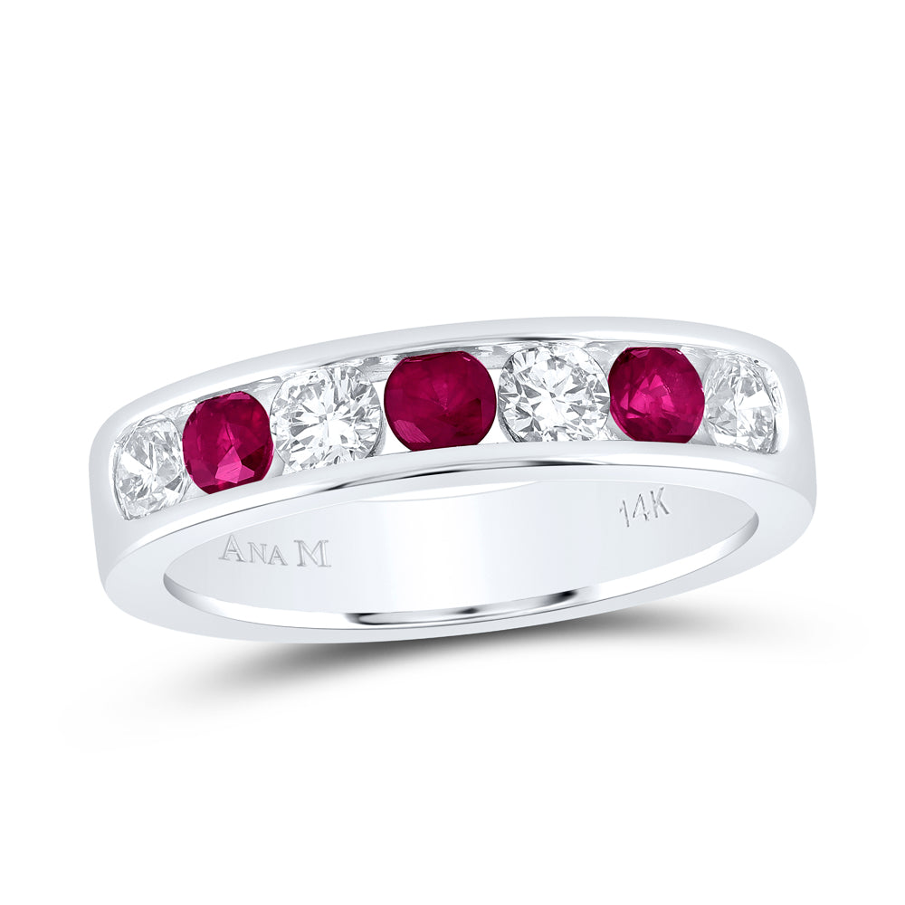 14kt White Gold 5/8 Cttw Diamond Ana M 5/8 Cttw Round Ruby Natural Wedding Engagement Gem Band, Women Size: 5-9