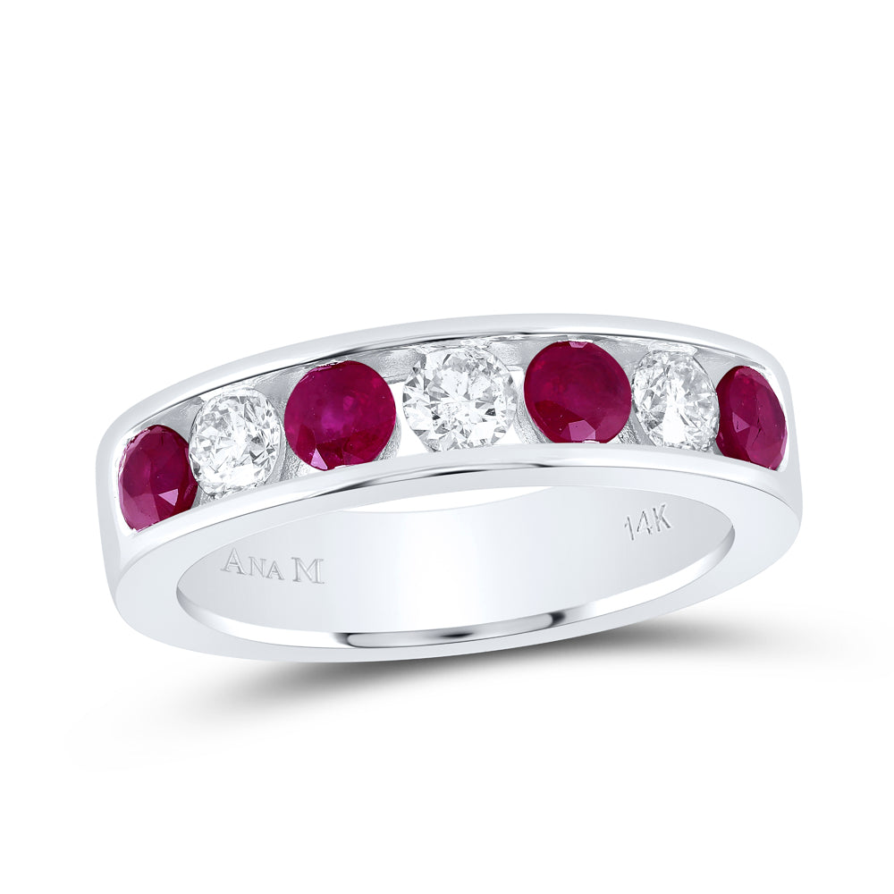 14kt White Gold 1/2 Cttw Diamond Ana M 7/8 Cttw Round Ruby Natural Wedding Engagement Gem Band, Women Size: 5-9