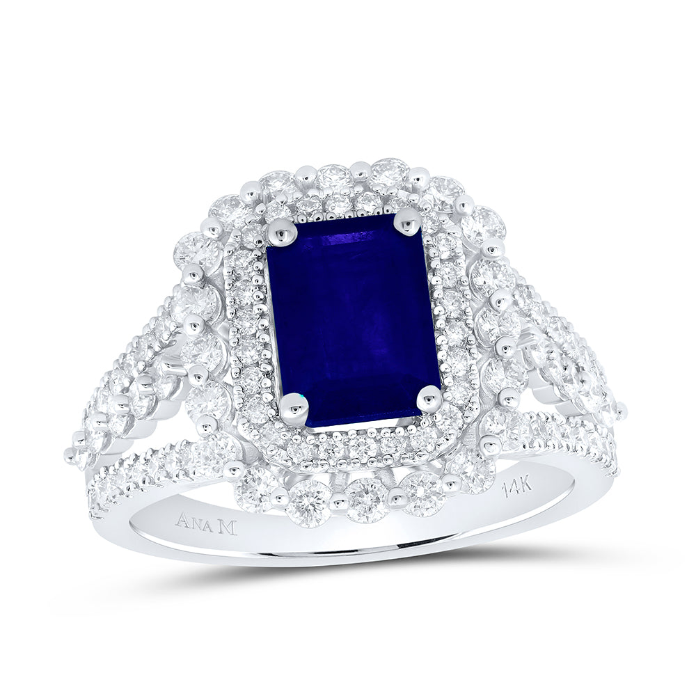 14kt White Gold 1 Cttw Diamond Ana M 8x6 Mm Blue Sapphire Emerald Natural Wedding Engagement Anniversary Gem Ring, Women Size: 5-9