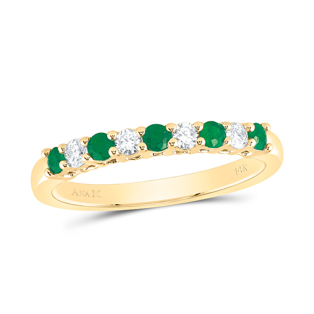 14kt Yellow Gold 1/6 Cttw Diamond Ana M and 1/5 Cttw Round Emerald Natural Wedding Engagement Gem Band, Women Size: 5-9