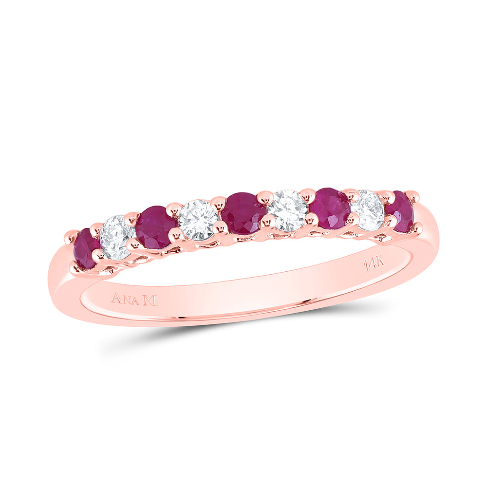 14kt Rose Gold 1/6 Cttw Diamond Ana M and 1/4 Cttw Round Ruby Natural Wedding Engagement Gem Band, Women Size: 5-9