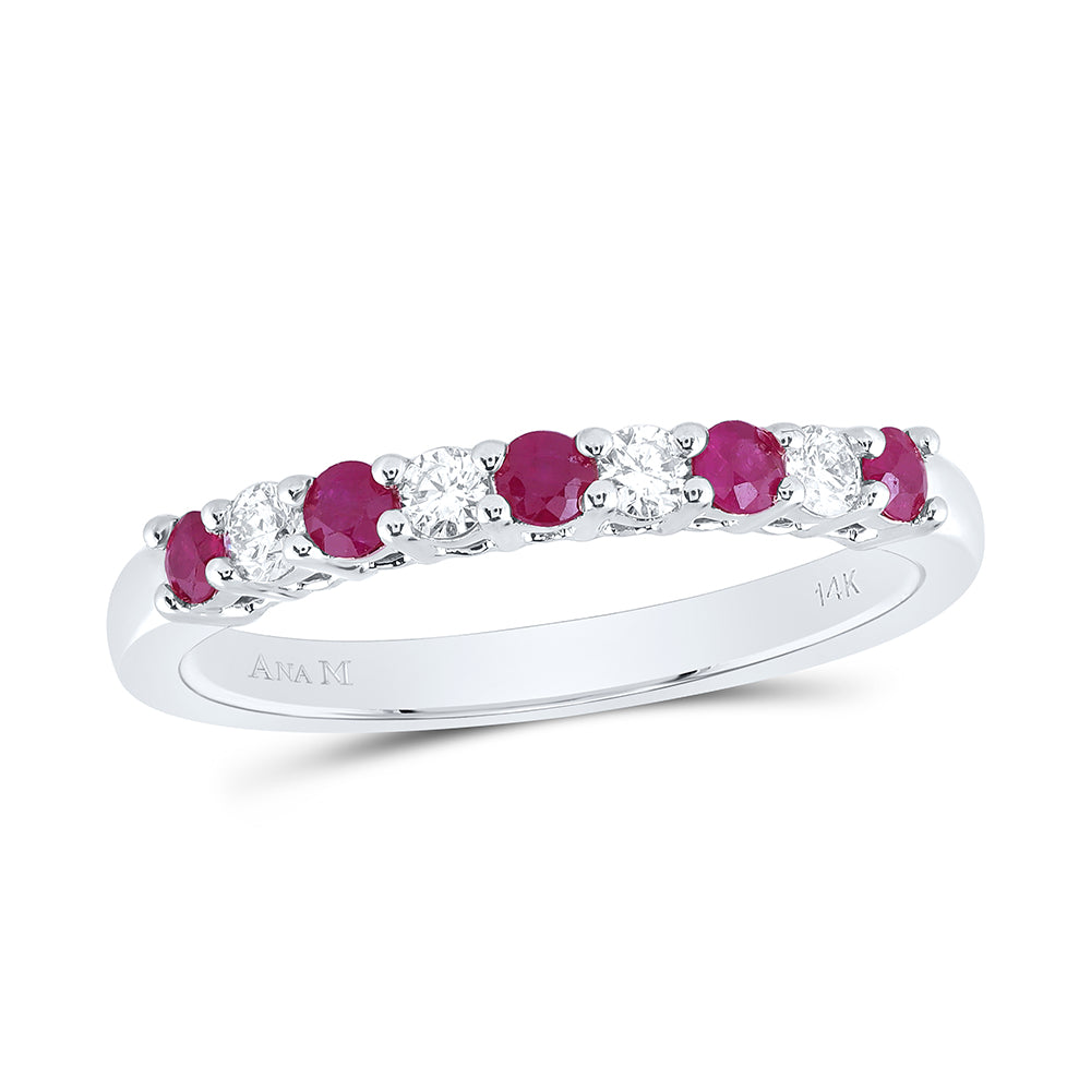 14K White Gold 1/6 Cttw Natural Diamond Ana M 1/3 Cttw Round Ruby Natural Gem Band