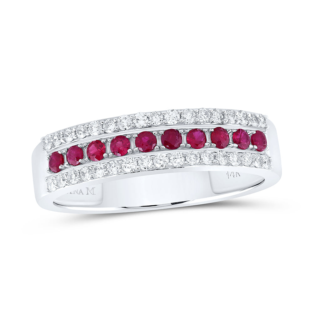 14kt White Gold 1/4 Cttw Diamond Ana M and 1/4 Cttw Round Ruby Natural Wedding Engagement Gem Band, Women Size: 5-9