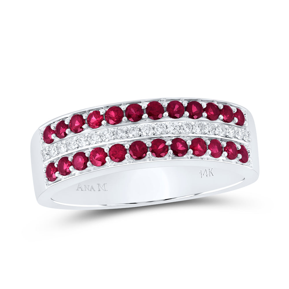 14kt White Gold 1/10 Cttw Diamond Ana M and 1/2 Cttw Round Ruby Natural Wedding Engagement Gem Band, Women Size: 5-9