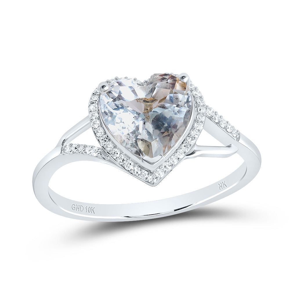 10K White Gold 1/8Ctw Natural Diamond 9X9Mm Heart Aquamarine Natural Gem Ring