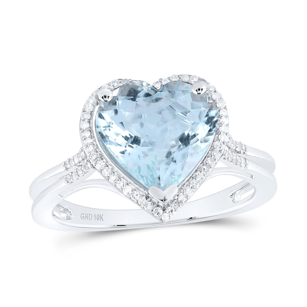 10kt White Gold 1/6 Cttw Diamond 10x10 Mm Heart-aquamarine Synthetic Wedding Engagement Anniversary Ring, Women Size: 5-9