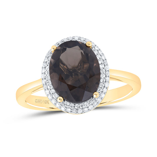 10kt Yellow Gold 1/8 Cttw Diamond 10x8 Mm Oval Smoky Topaz Synthetic Wedding Engagement Anniversary Ring, Women Size: 5-9
