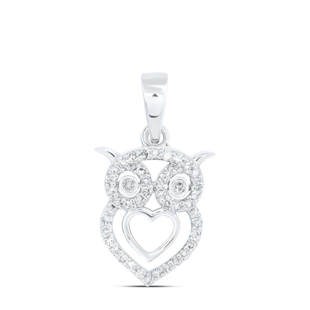 10kt White Gold 1/8 Cttw Diamond Heart Owl Pendant