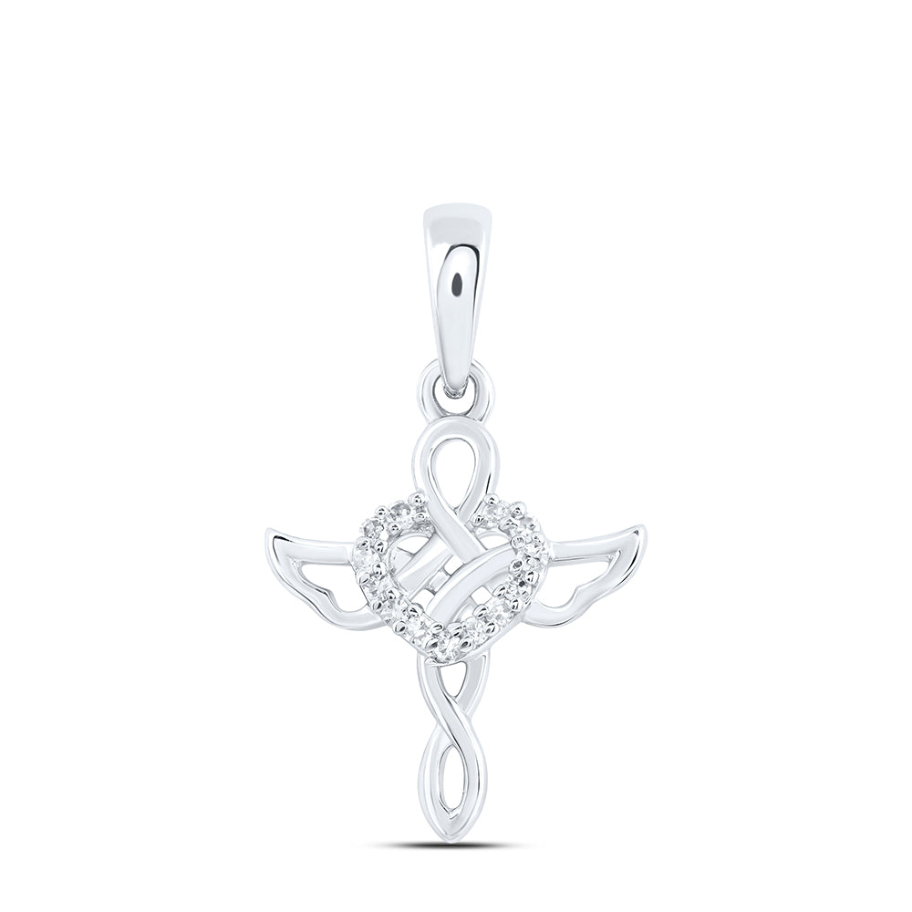 10kt White Gold 1/20 Cttw Diamond Heart Cross Pendant