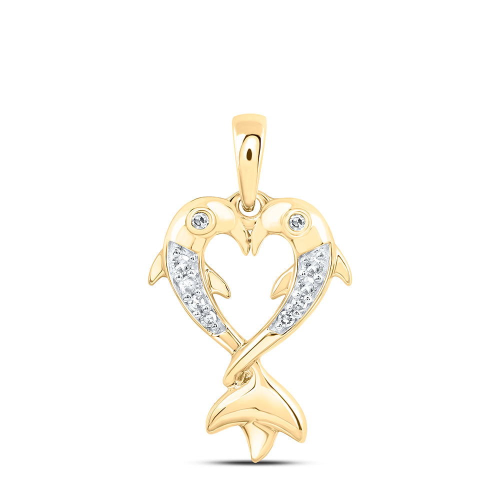 10K Yellow Gold 1/20Ctw Natural Diamond Gift Heart Dolphin Pendant