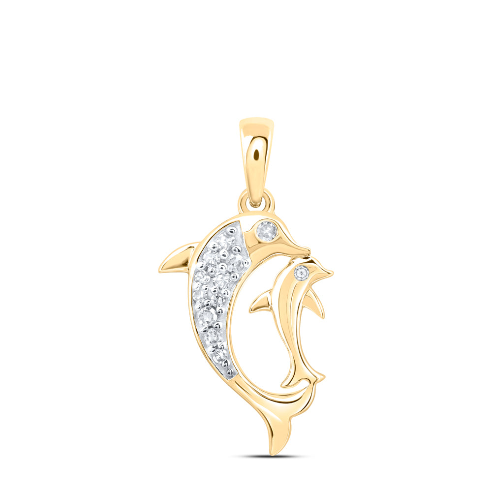 10K Yellow Gold 1/12Ctw Natural Diamond Gift Dolphin Pendant