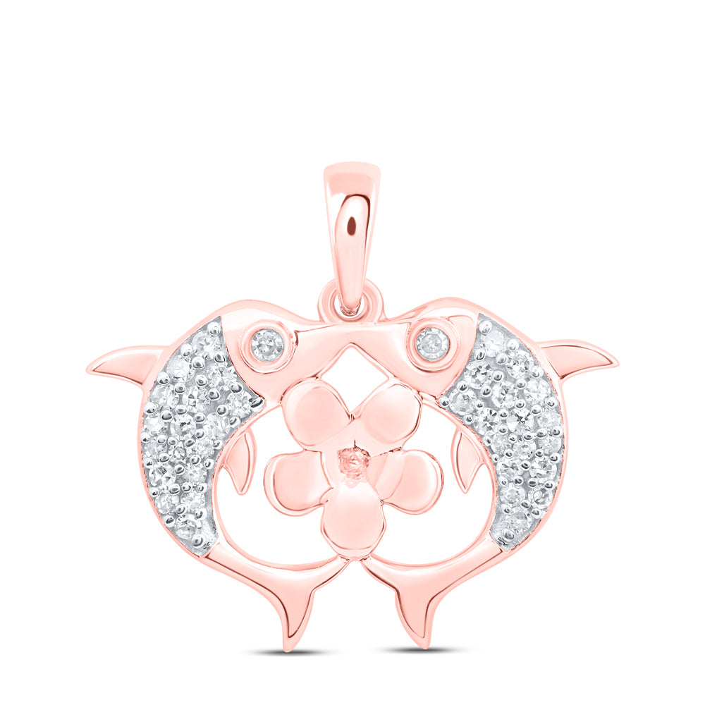 10kt Rose Gold 1/6 Cttw Natural Diamond Flower Dolphin Pendant
