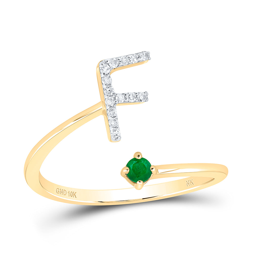 10K Yellow Gold 1/20Ctw Natural Diamond 2.5Mm Round Emerald Natural Gem Initial "F" Ladies Ring