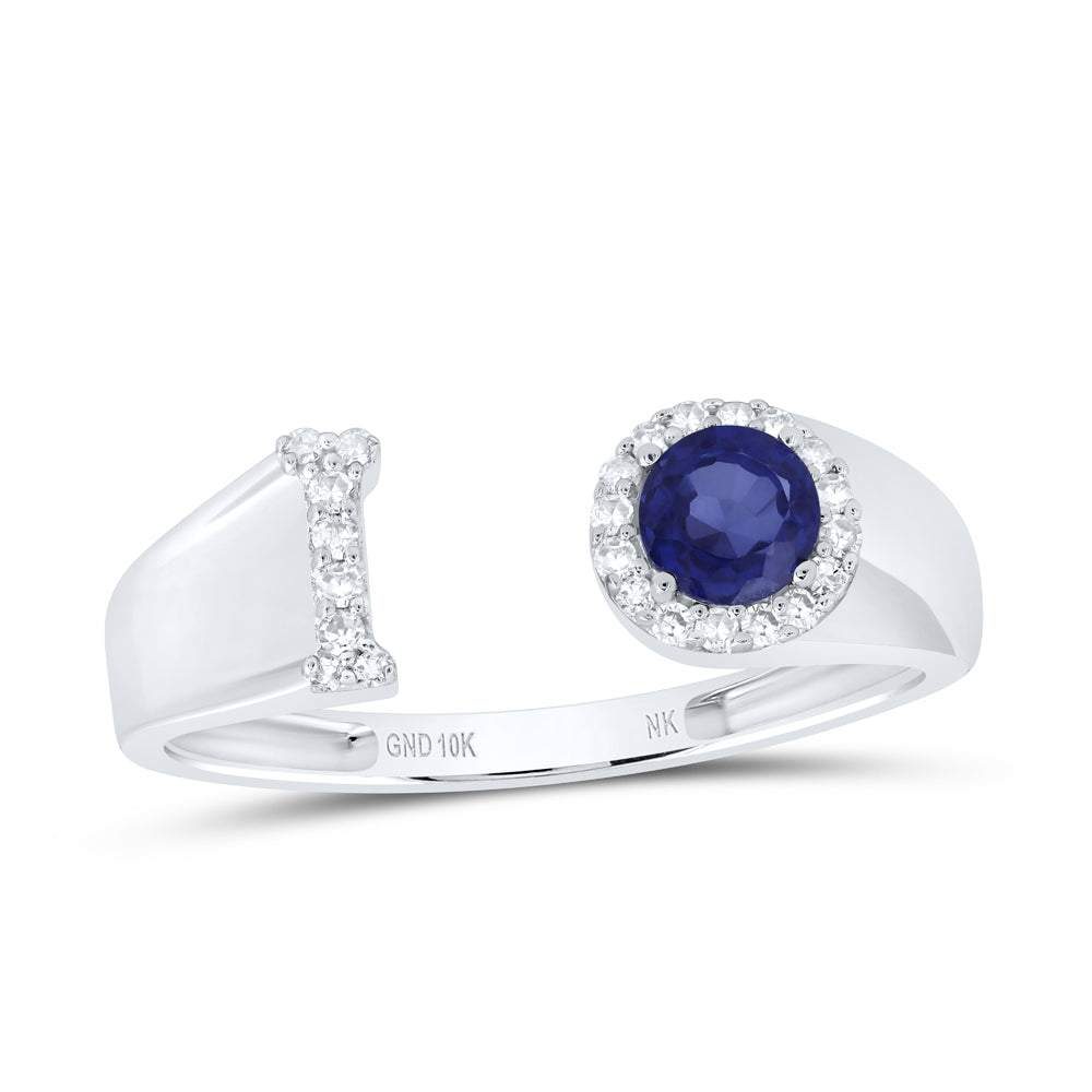 10K White Gold 1/10Ctw Natural Diamond 4Mm Round Blue Sapphire Synthetic Initial "I" Ladies Ring