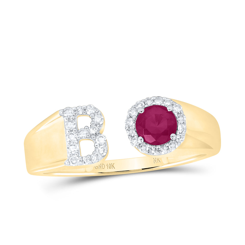10kt Yellow Or Rose Gold Natural Diamond 4 Mm Round Ruby Synthetic Initial Ladies Wedding Engagement Anniversary Ring