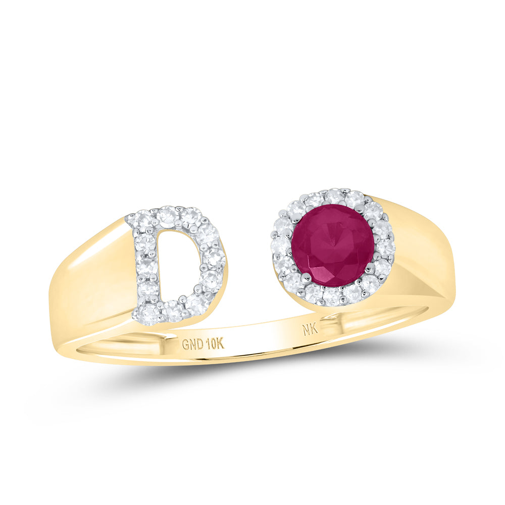 10kt Yellow Or Rose Gold Natural Diamond 4 Mm Round Ruby Synthetic Initial Ladies Wedding Engagement Anniversary Ring