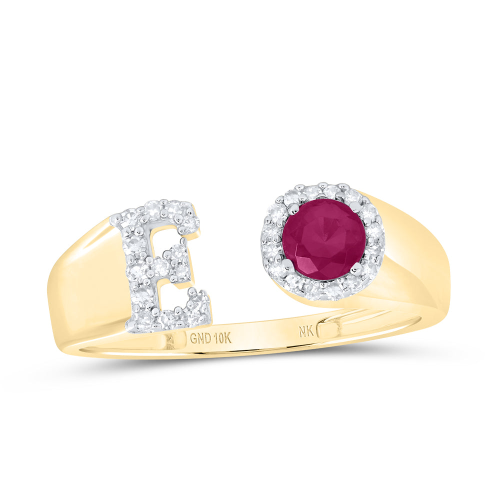 10kt Yellow Or Rose Gold Natural Diamond 4 Mm Round Ruby Synthetic Initial Ladies Wedding Engagement Anniversary Ring