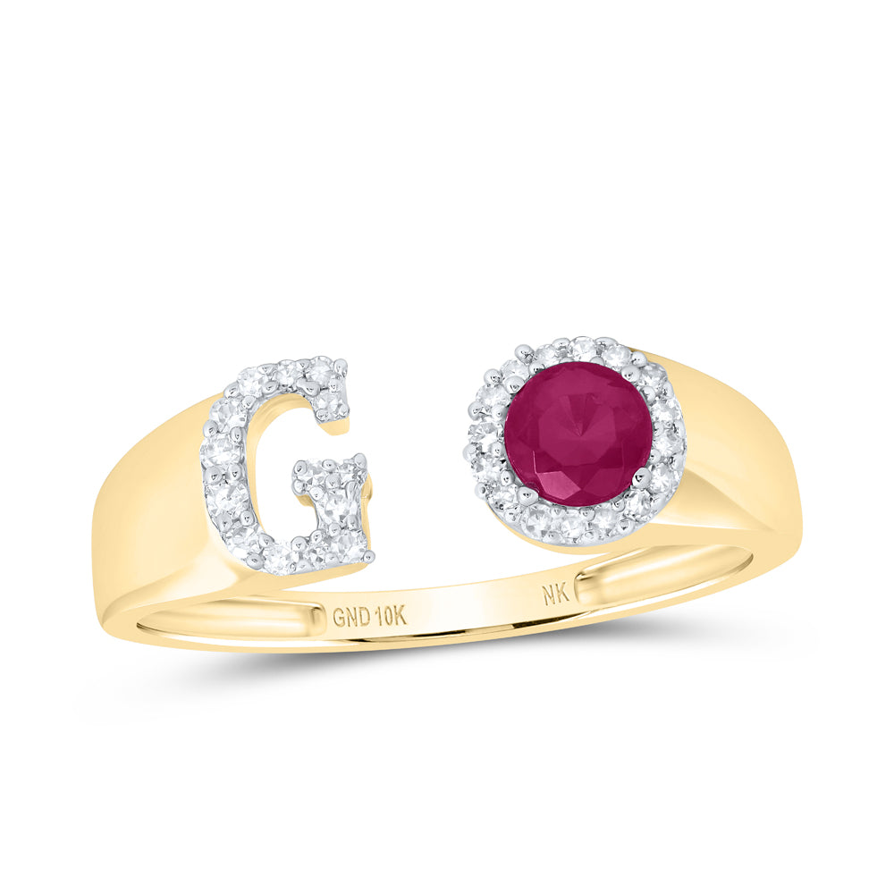 10kt Yellow Or Rose Gold Natural Diamond 4 Mm Round Ruby Synthetic Initial Ladies Wedding Engagement Anniversary Ring