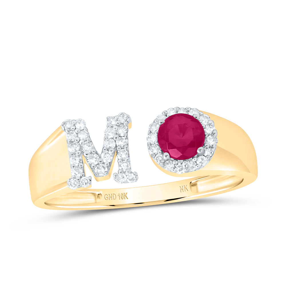 10kt Yellow Or Rose Gold Natural Diamond 4 Mm Round Ruby Synthetic Initial Ladies Wedding Engagement Anniversary Ring